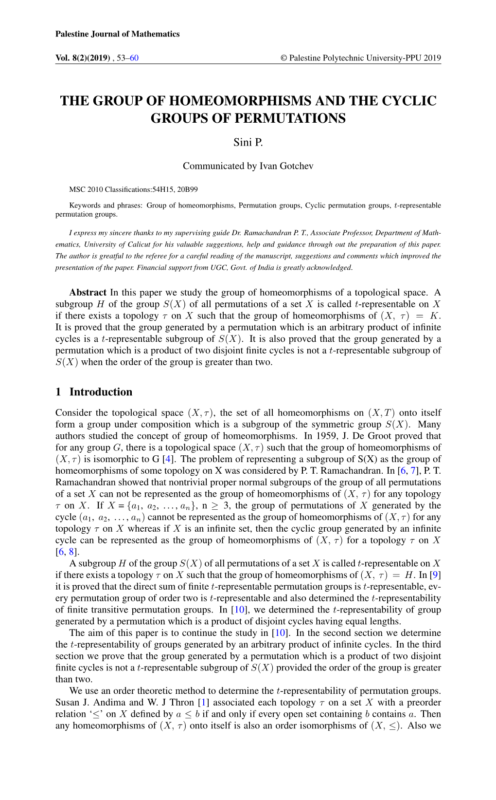 THE GROUP of HOMEOMORPHISMS and the CYCLIC GROUPS of PERMUTATIONS Sini P