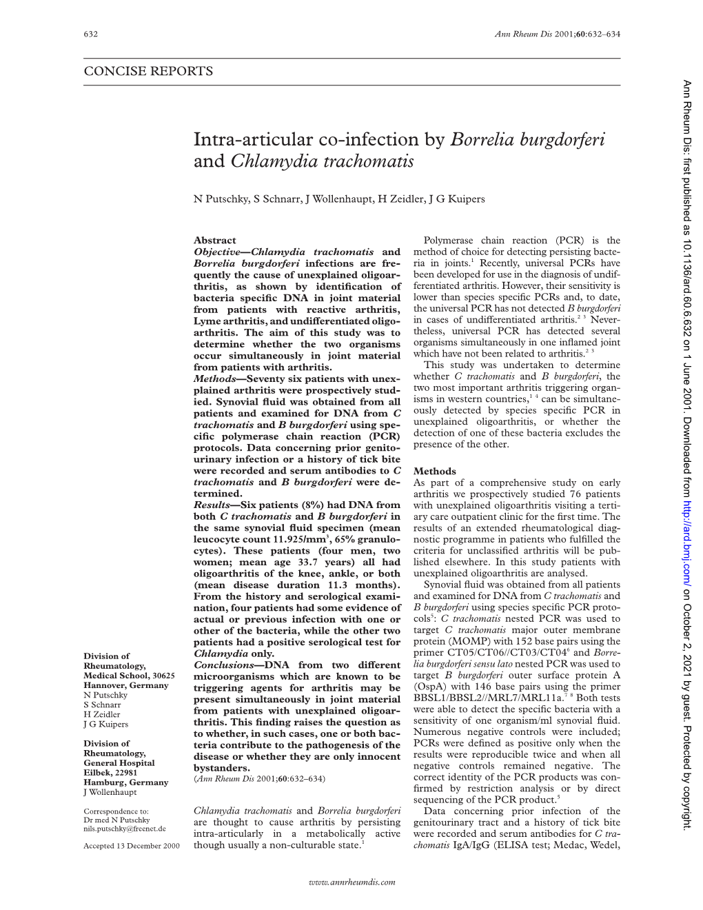 Intra-Articular Co-Infection by Borrelia Burgdorferi and Chlamydia Trachomatis