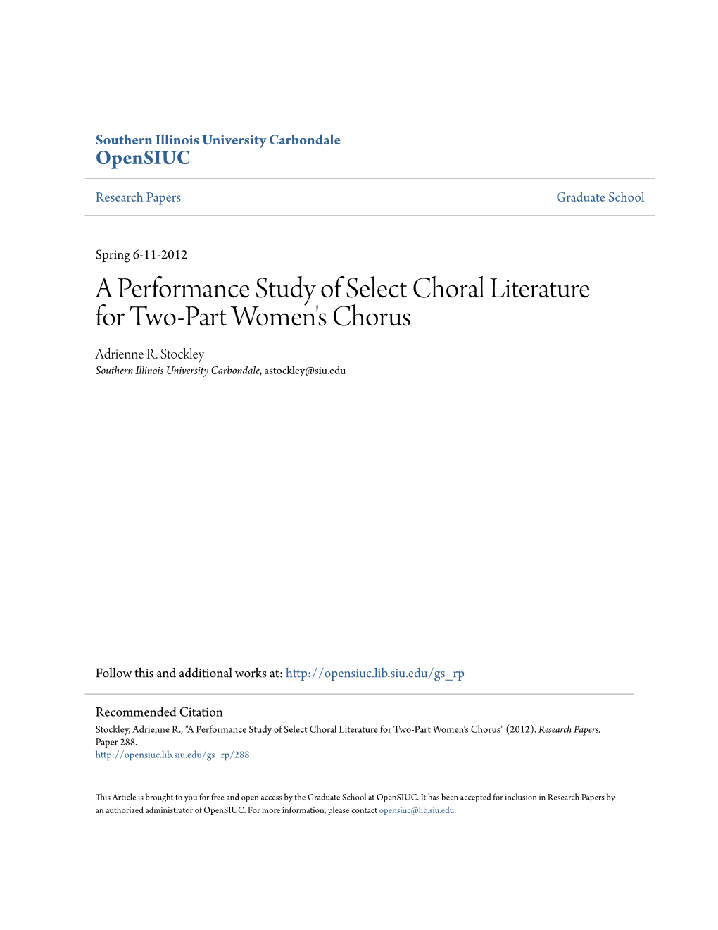 A Performance Study of Select Choral Literature for Two-Part Women's Chorus Adrienne R