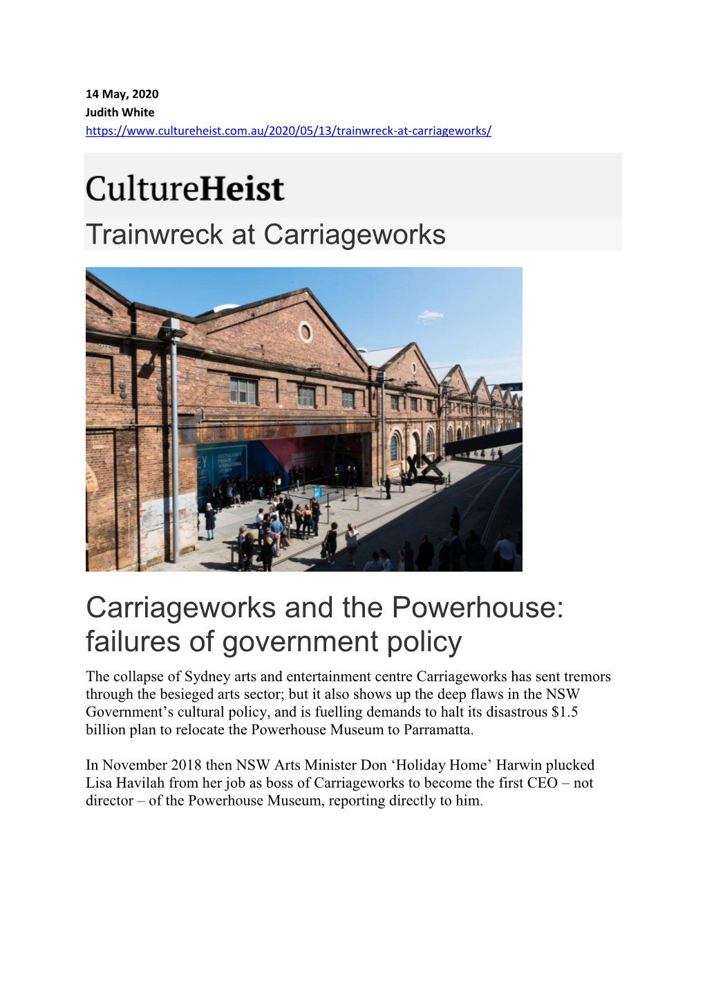 Carriageworks and the Powerhouse: Failures of Government Policy