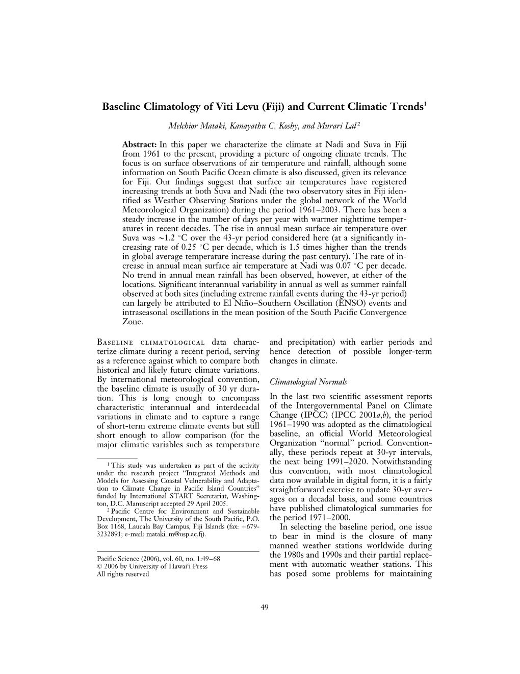 Baseline Climatology of Viti Levu (Fiji) and Current Climatic Trends1