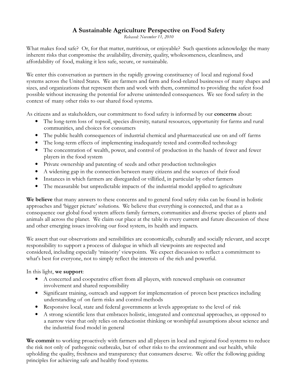 A Sustainable Agriculture Perspective on Food Safety Released: November 11, 2010