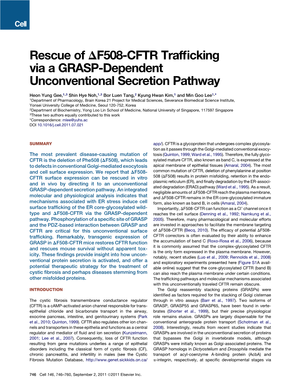 Rescue of DF508-CFTR Trafficking Via a GRASP-Dependent