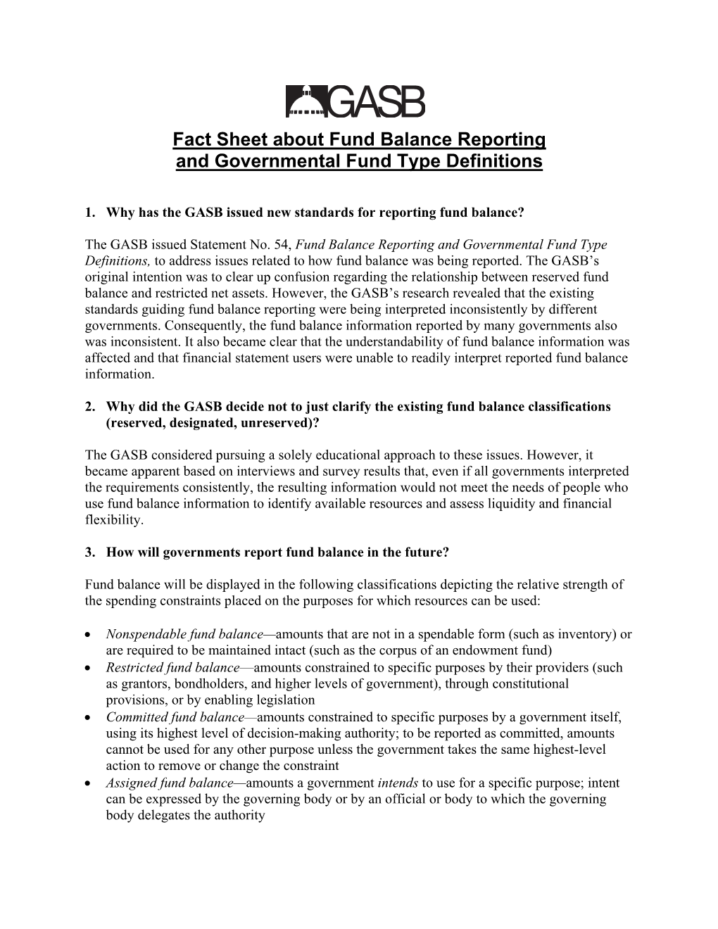 Fact Sheet About Fund Balance Reporting and Governmental Fund Type Definitions