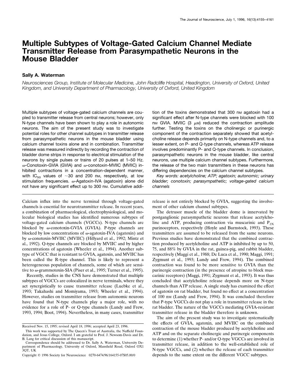 Multiple Subtypes of Voltage-Gated Calcium Channel Mediate Transmitter Release from Parasympathetic Neurons in the Mouse Bladder