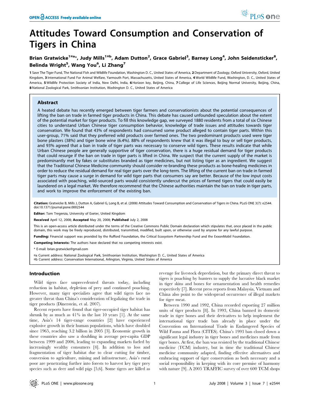 Attitudes Toward Consumption and Conservation of Tigers in China