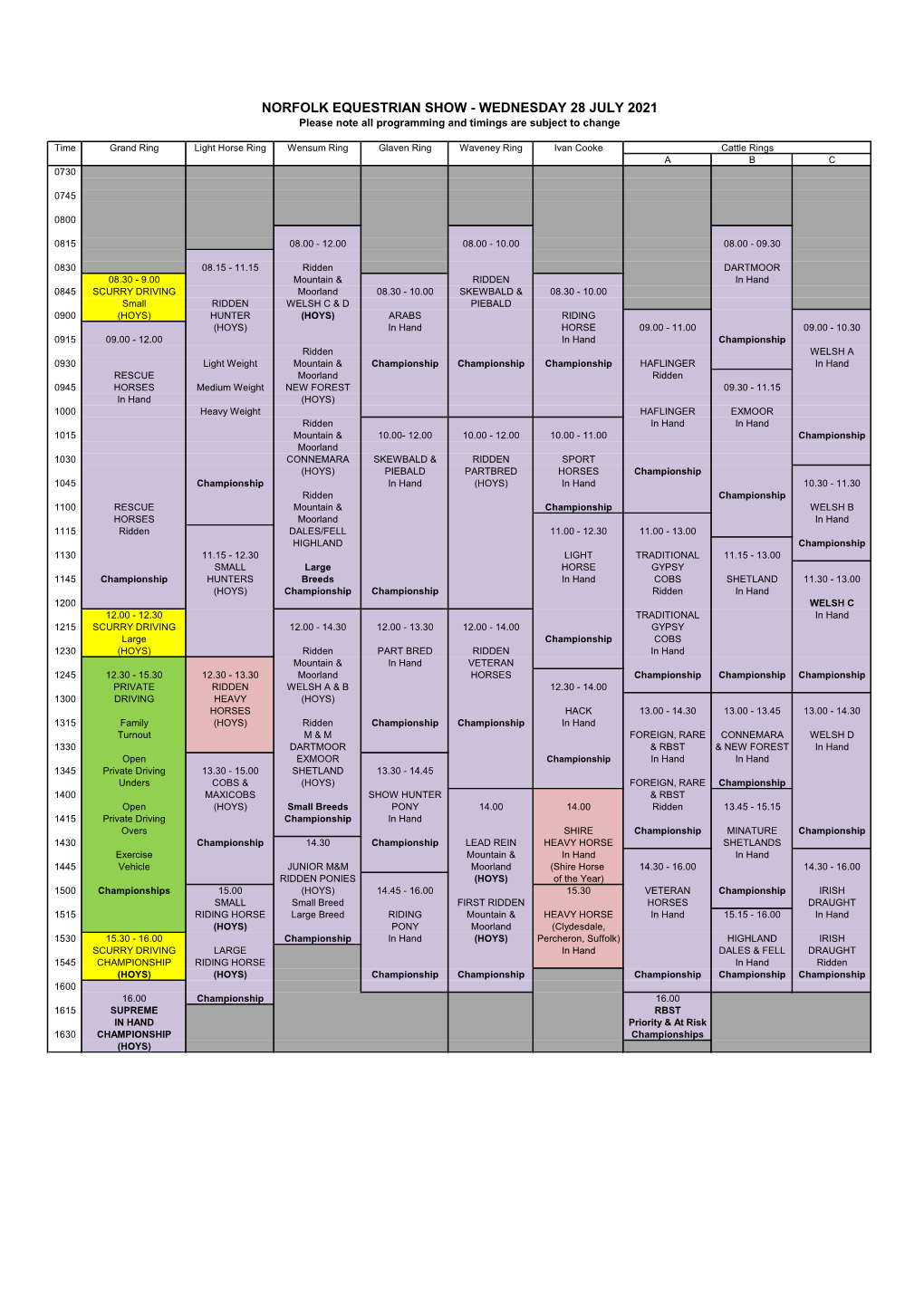 NORFOLK EQUESTRIAN SHOW - WEDNESDAY 28 JULY 2021 Please Note All Programming and Timings Are Subject to Change