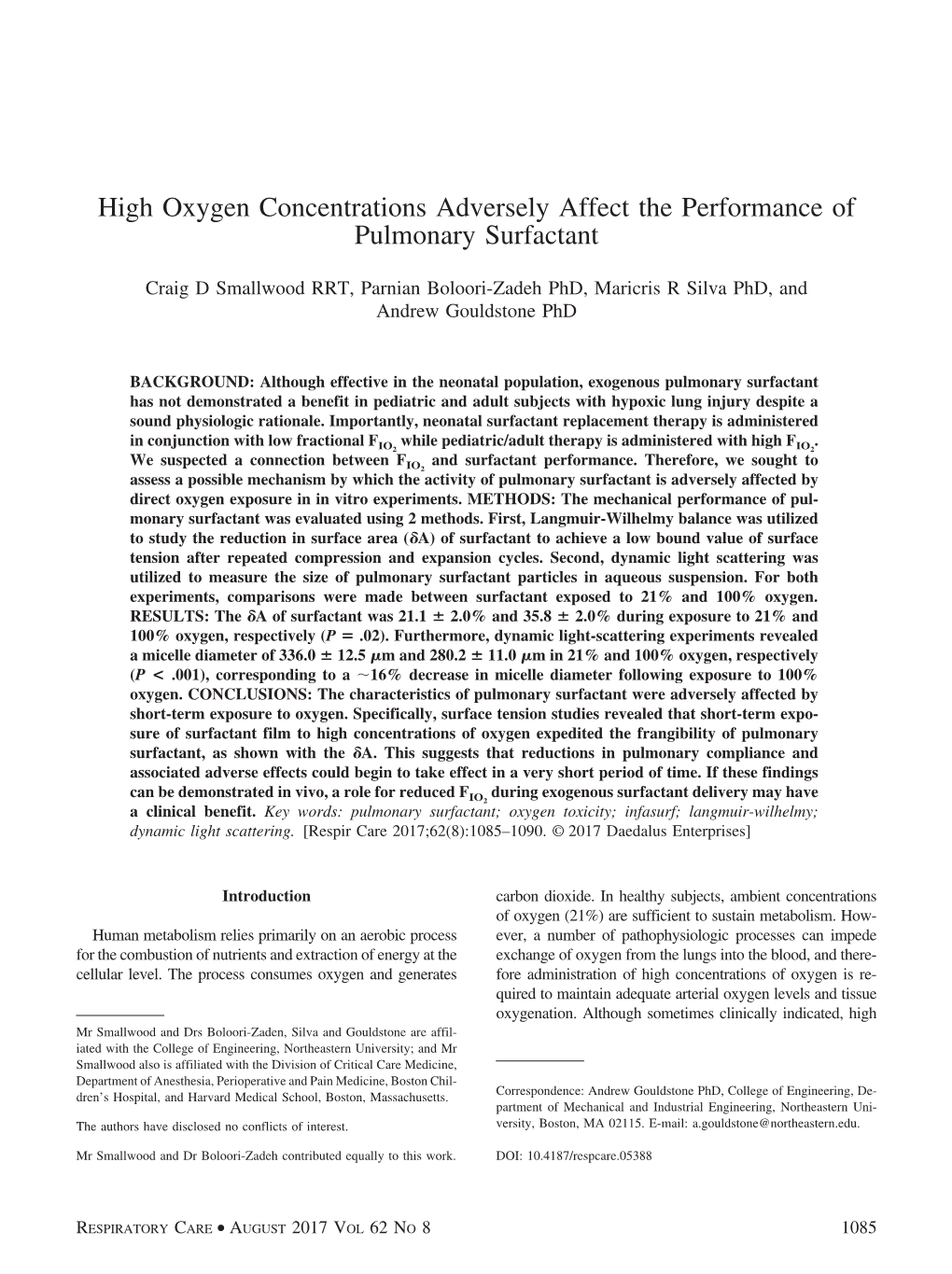 High Oxygen Concentrations Adversely Affect the Performance of Pulmonary Surfactant