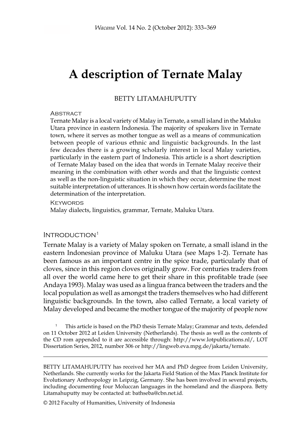 A Description of Ternate Malay