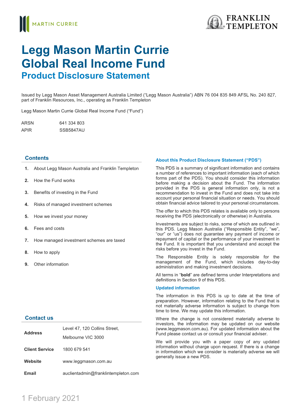 Legg Mason Martin Currie Global Real Income Fund Product Disclosure Statement
