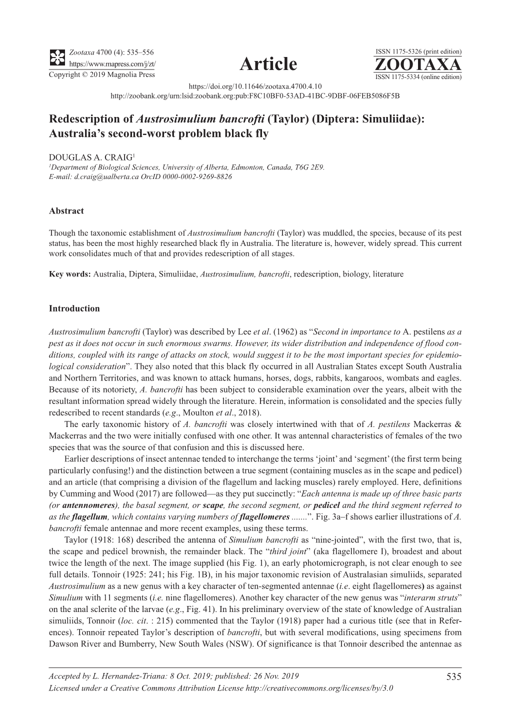 Redescription of Austrosimulium Bancrofti (Taylor) (Diptera: Simuliidae): Australia’S Second-Worst Problem Black Fly