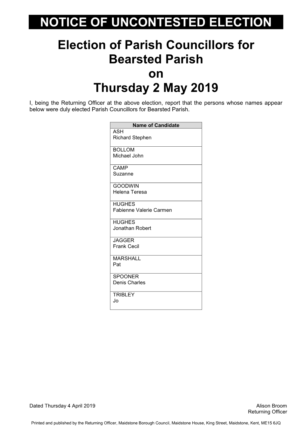 NOTICE of UNCONTESTED ELECTION Election of Parish