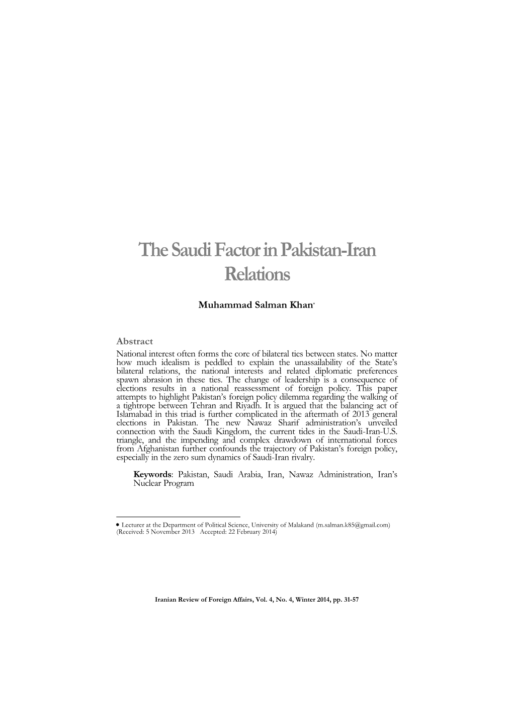 The Saudi Factor in Pakistan-Iran Relations