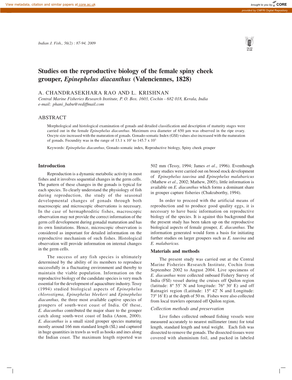 Studies on the Reproductive Biology of the Female Spiny Cheek Grouper, Epinephelus Diacanthus (Valenciennes, 1828)