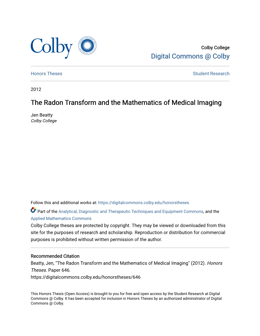 The Radon Transform and the Mathematics of Medical Imaging