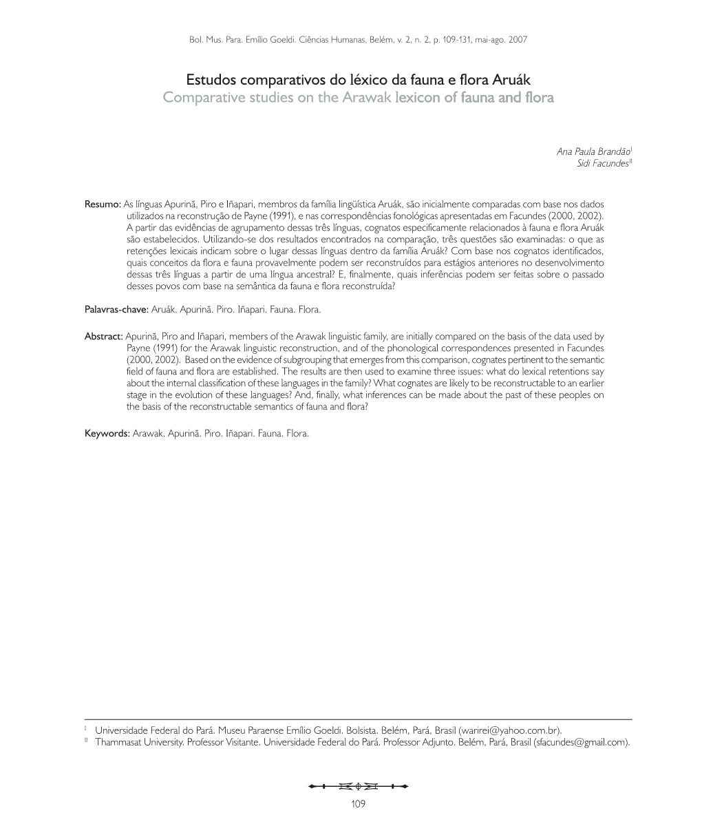 Estudos Comparativos Do Léxico Da Fauna E Flora Aruák Comparative Studies on the Arawak Lexicon�������������������������� Of���������������� Fauna and Flora