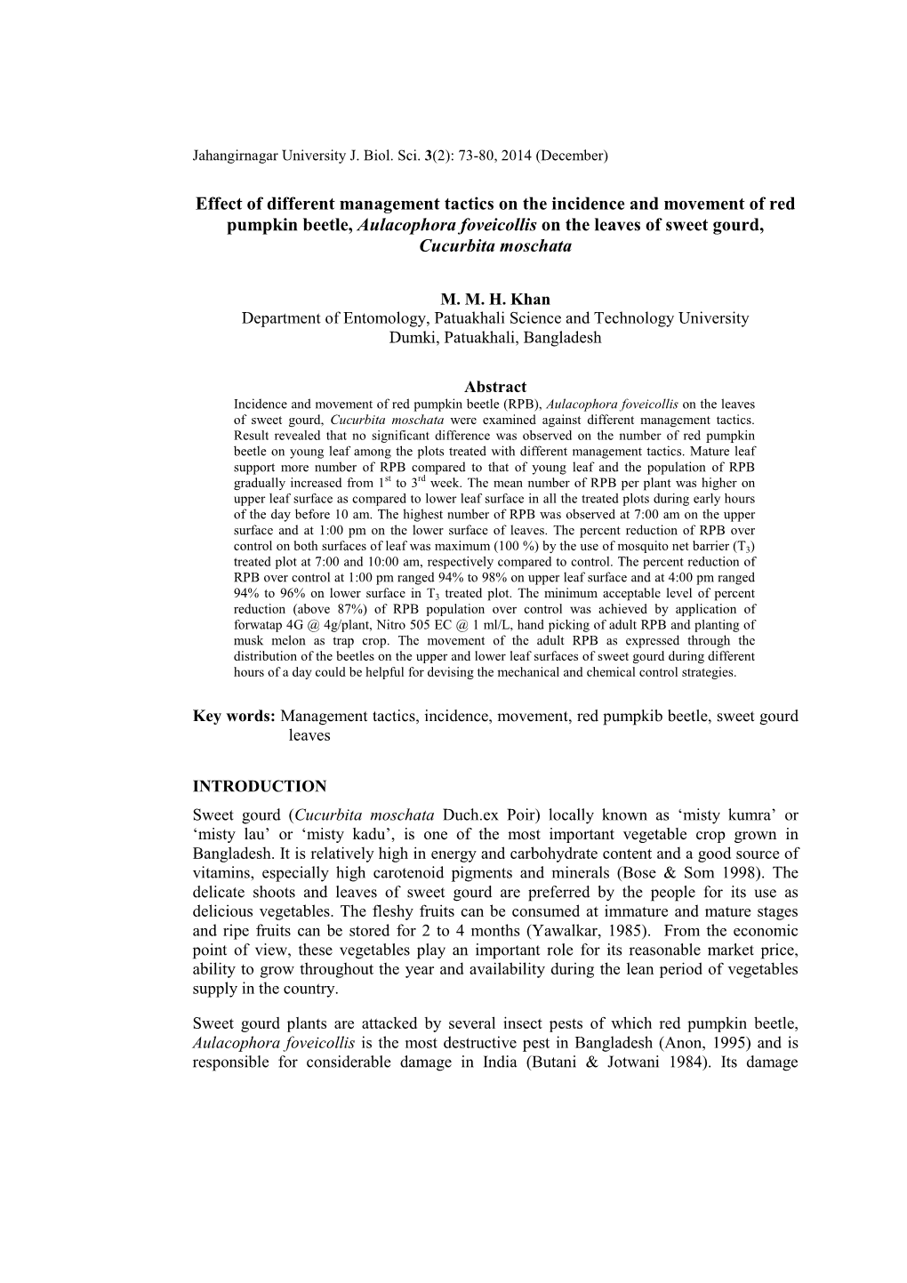 Effect of Different Management Tactics on the Incidence and Movement of Red Pumpkin Beetle, Aulacophora Foveicollis on the Leaves of Sweet Gourd, Cucurbita Moschata