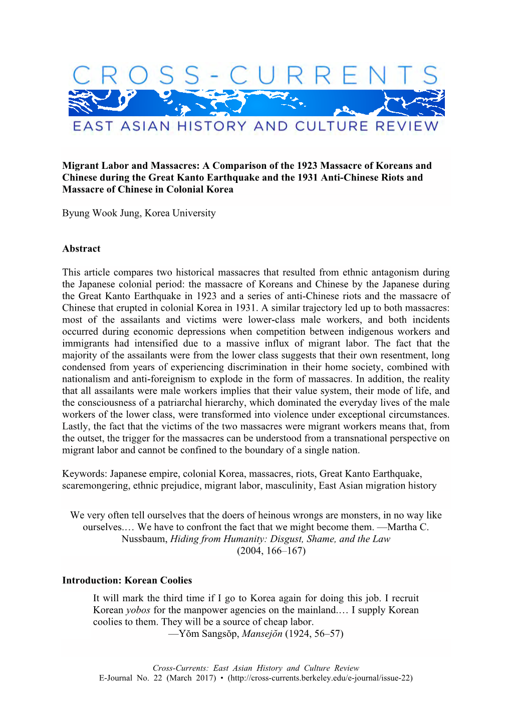 A Comparison of the 1923 Massacre of Koreans and Chinese During the Great Kanto Earthquake and the 1931 Anti-Chinese Riots and Massacre of Chinese in Colonial Korea