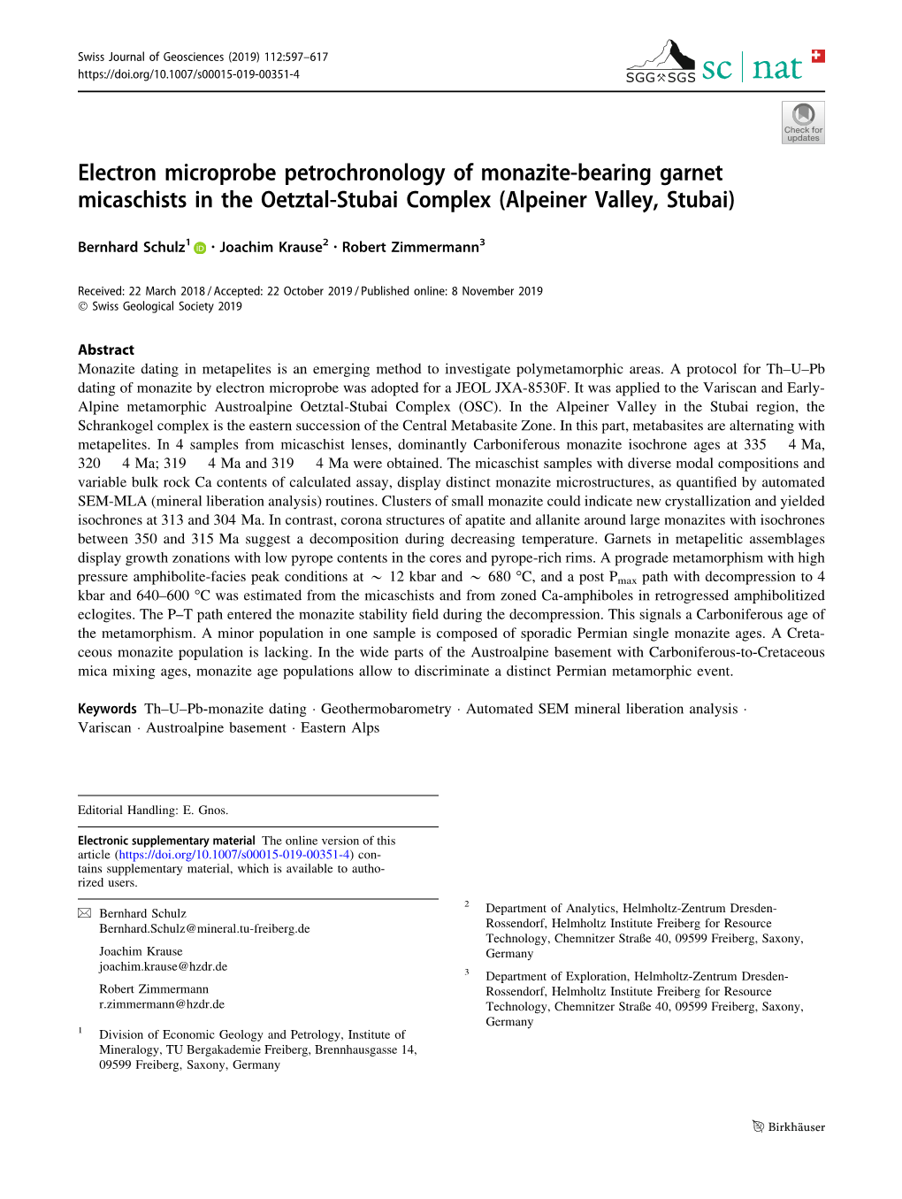 Electron Microprobe Petrochronology of Monazite-Bearing Garnet Micaschists in the Oetztal-Stubai Complex (Alpeiner Valley, Stubai)