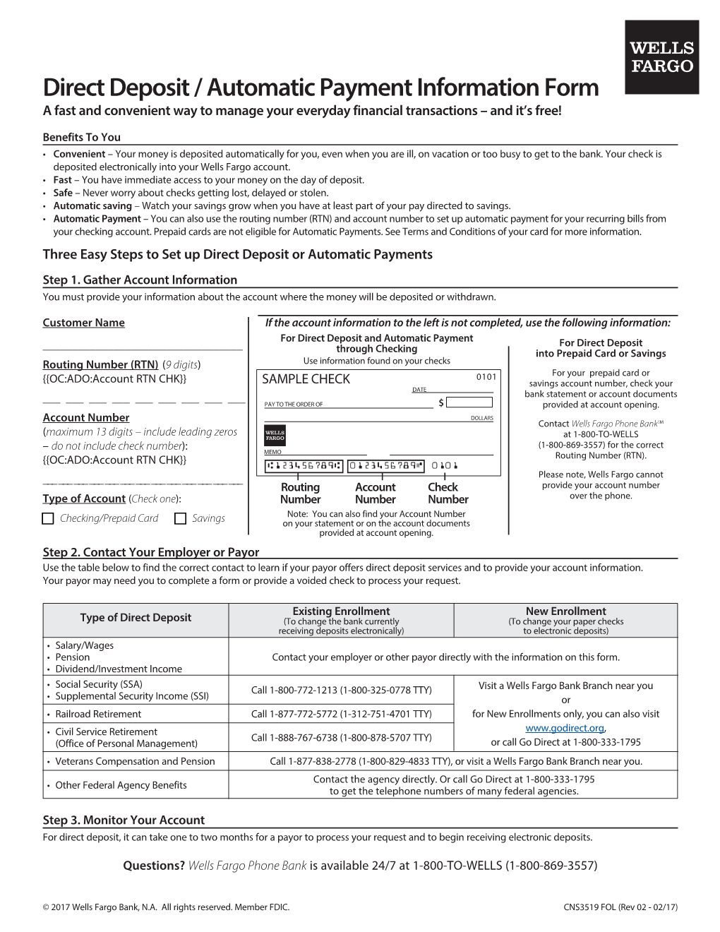 Direct Deposit / Automatic Payment Information Form a Fast and Convenient Way to Manage Your Everyday Financial Transactions – and It’S Free!