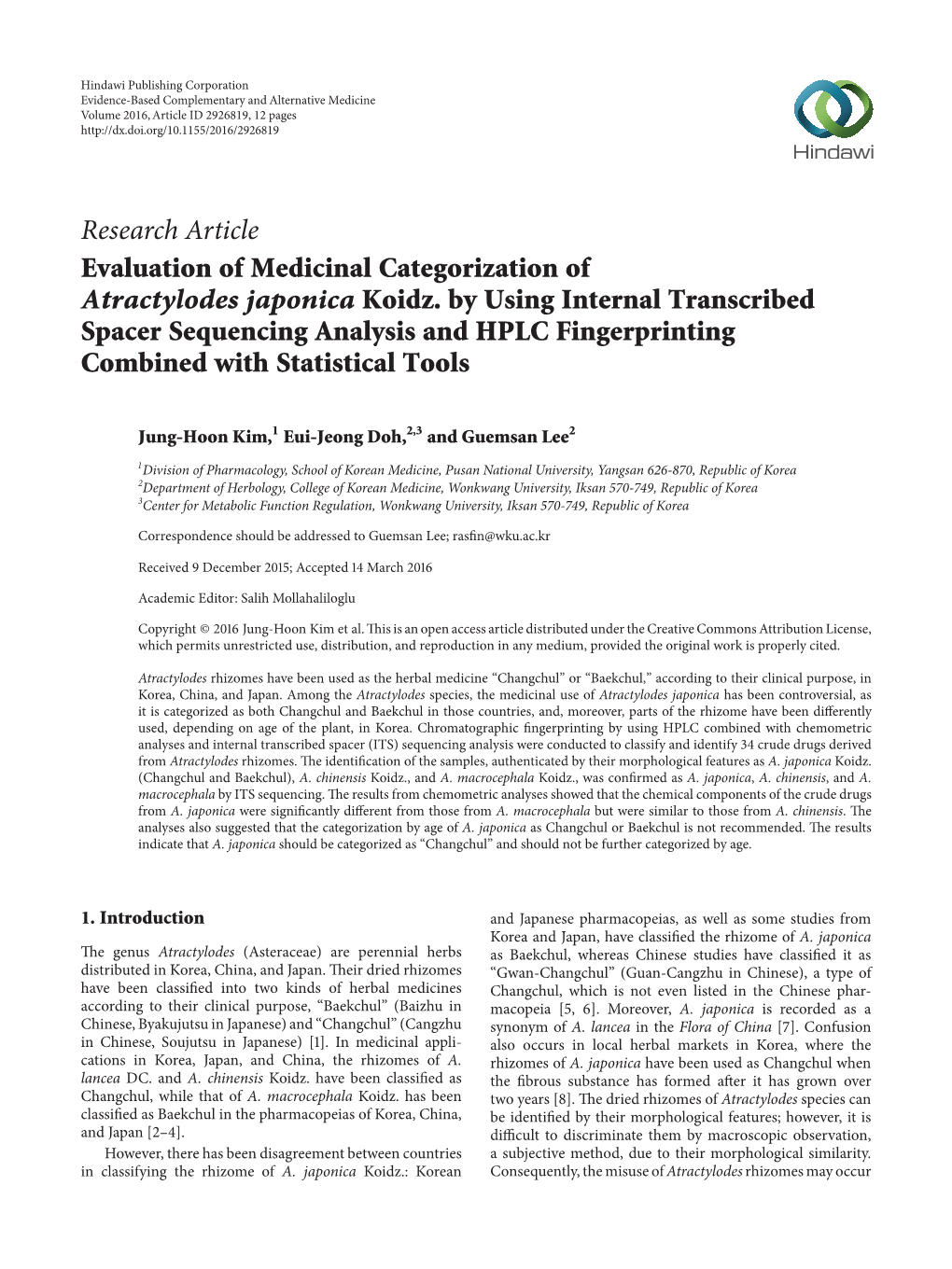 Evaluation of Medicinal Categorization of Atractylodes Japonica Koidz. by Using Internal Transcribed Spacer Sequencing Analysis and HPLC Fingerprinting Combined with Statistical