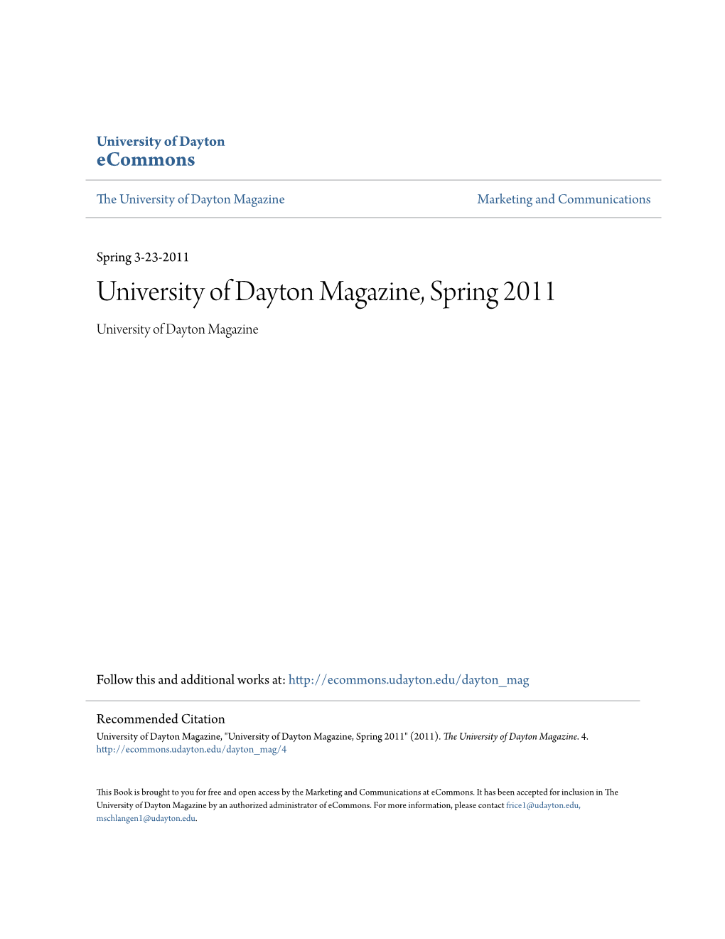 University of Dayton Magazine, Spring 2011 University of Dayton Magazine