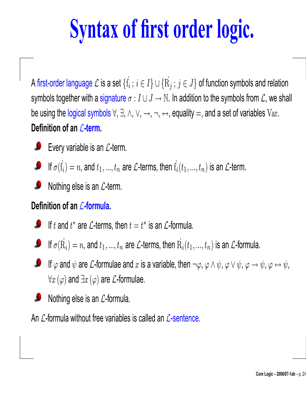 Syntax of First Order Logic