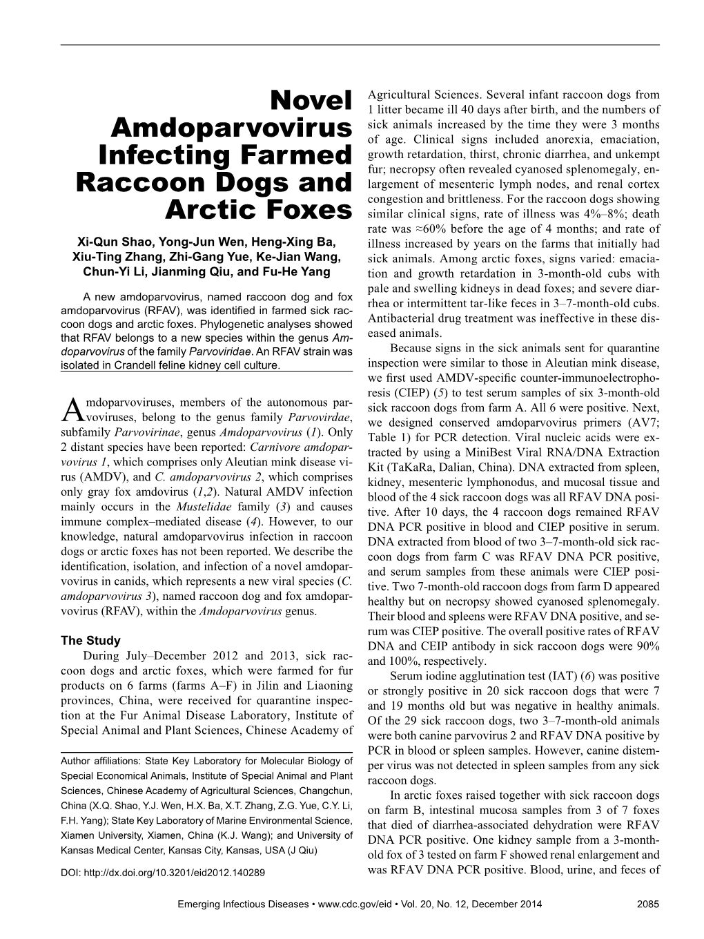 Novel Amdoparvovirus Infecting Farmed Raccoon Dogs and Arctic