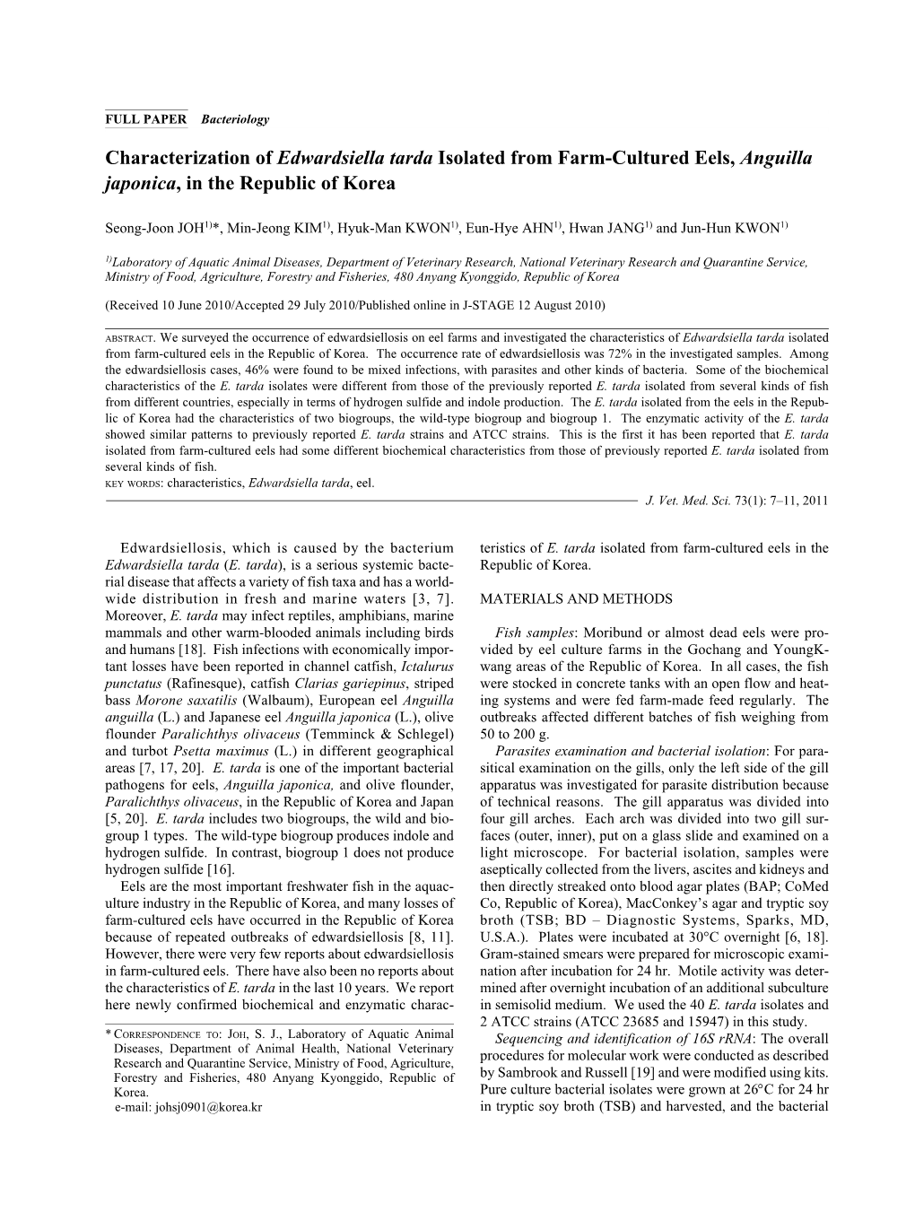 Characterization of Edwardsiella Tarda Isolated from Farm-Cultured Eels, Anguilla Japonica, in the Republic of Korea