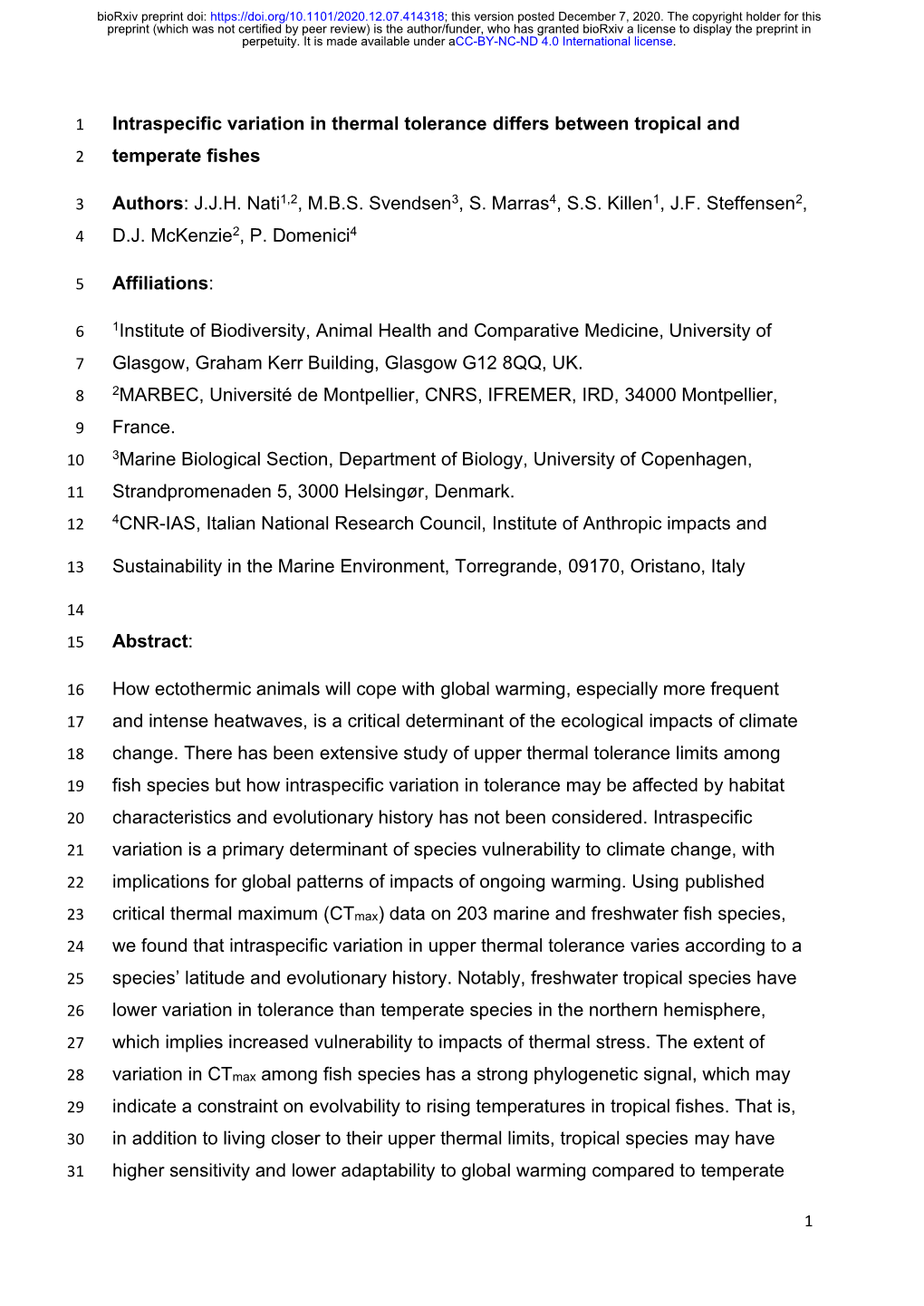 Intraspecific Variation in Thermal Tolerance Differs Between Tropical and 2 Temperate Fishes