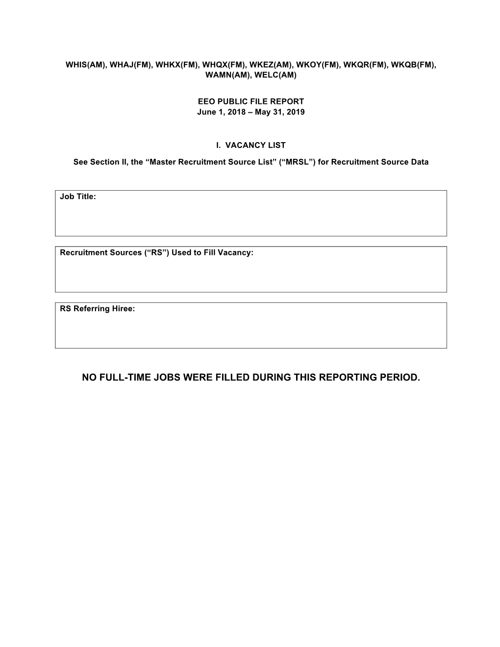 No Full-Time Jobs Were Filled During This Reporting Period