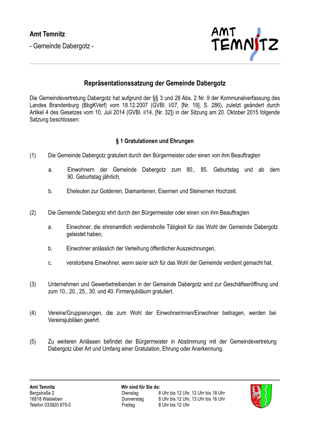 Repräsentationssatzung Der Gemeinde Dabergotz