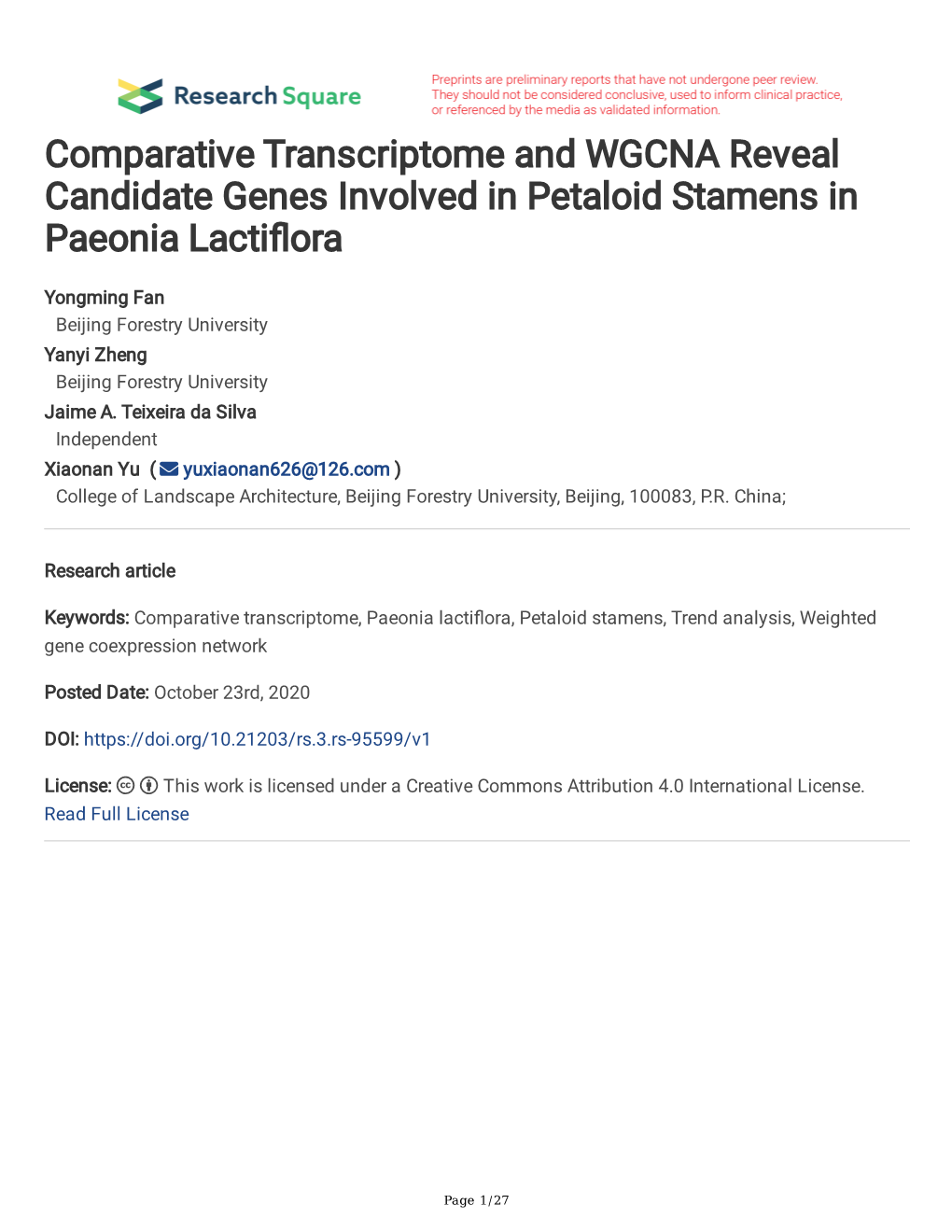 Comparative Transcriptome and WGCNA Reveal Candidate Genes Involved in Petaloid Stamens in Paeonia Lactifora