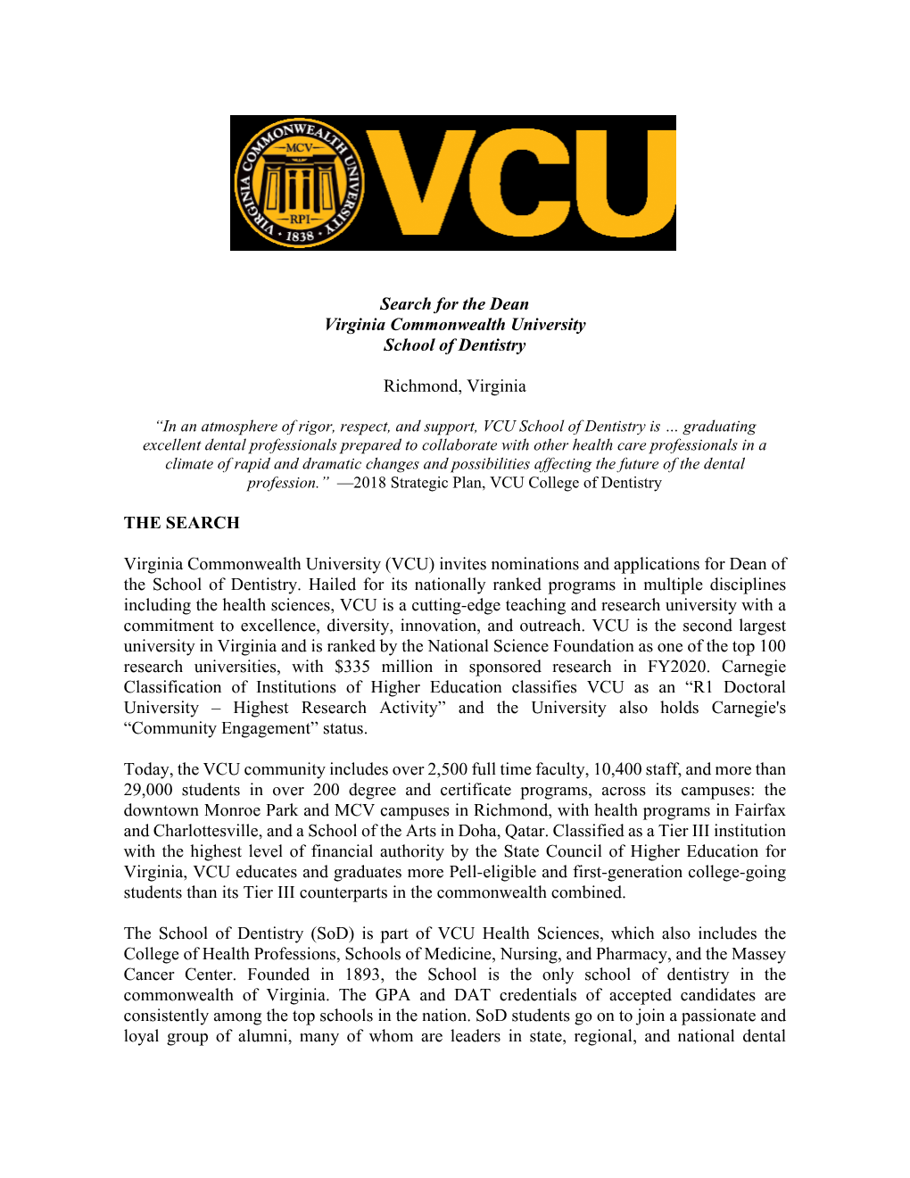 Search for the Dean Virginia Commonwealth University School of Dentistry
