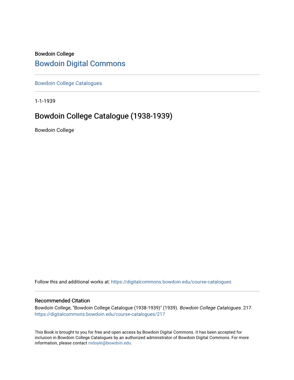 Bowdoin College Catalogue (1938-1939)