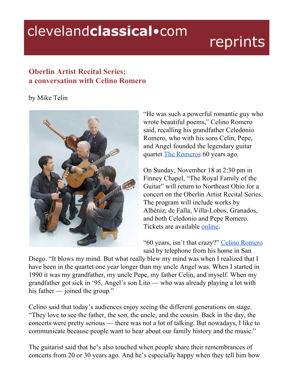 Oberlin Artist Recital Series: a Conversation with Celino Romero by Mike Telin