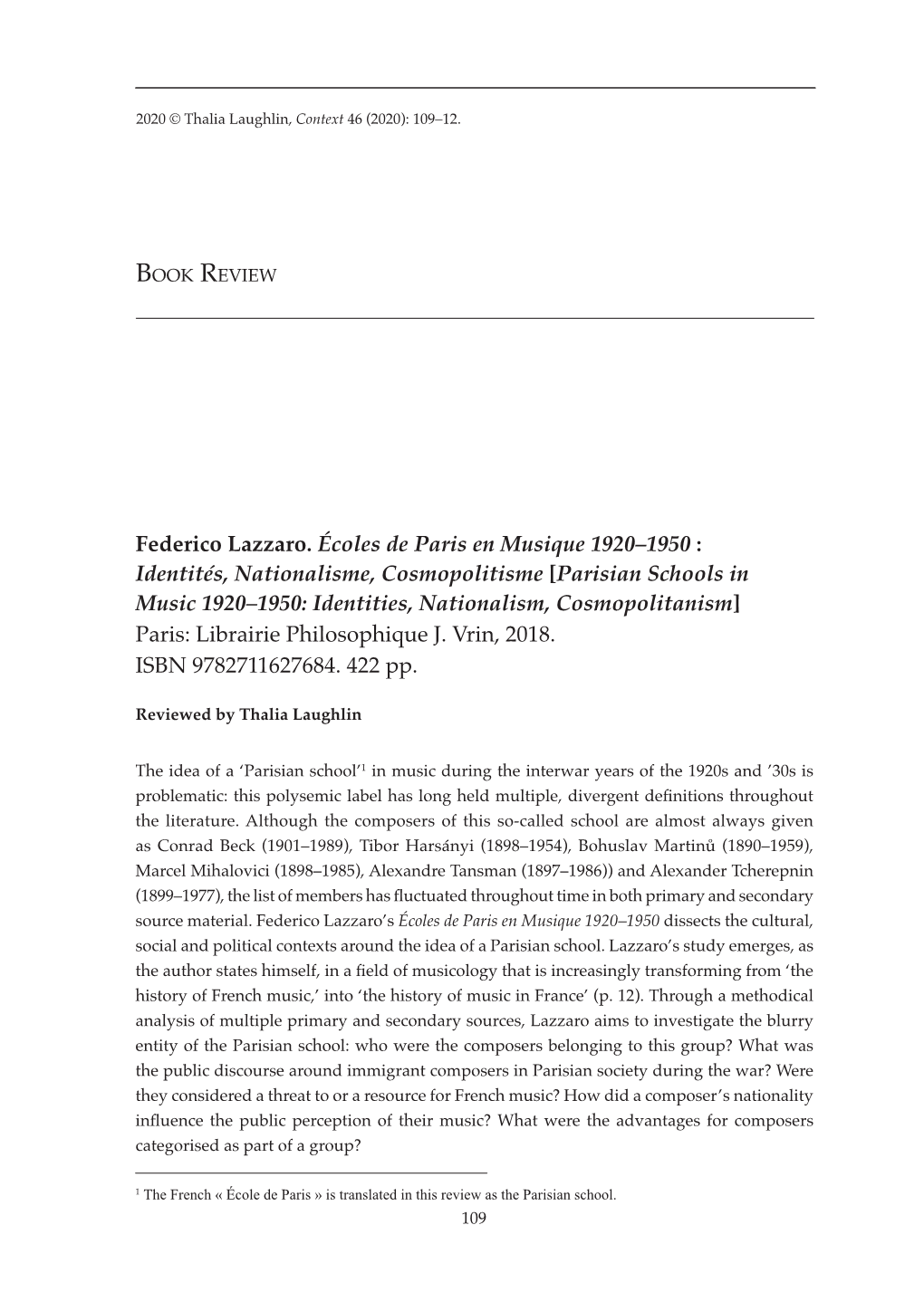 Federico Lazzaro. Écoles De Paris En Musique 1920–1950 : Identités