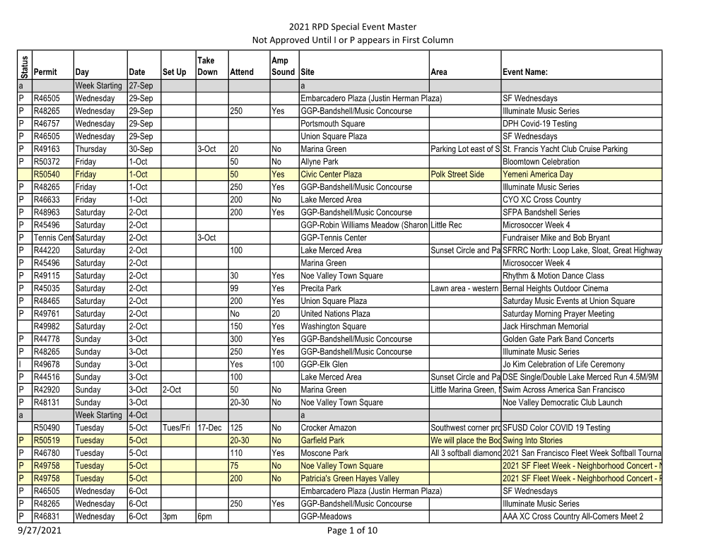 2021 RPD Special Events Calendar