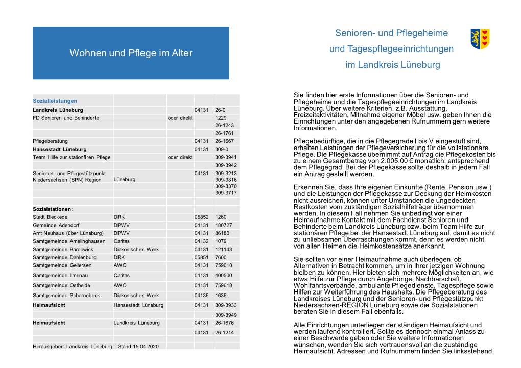 Wohnen Und Pflege Im Alter Und Tagespflegeeinrichtungen Im Landkreis Lüneburg