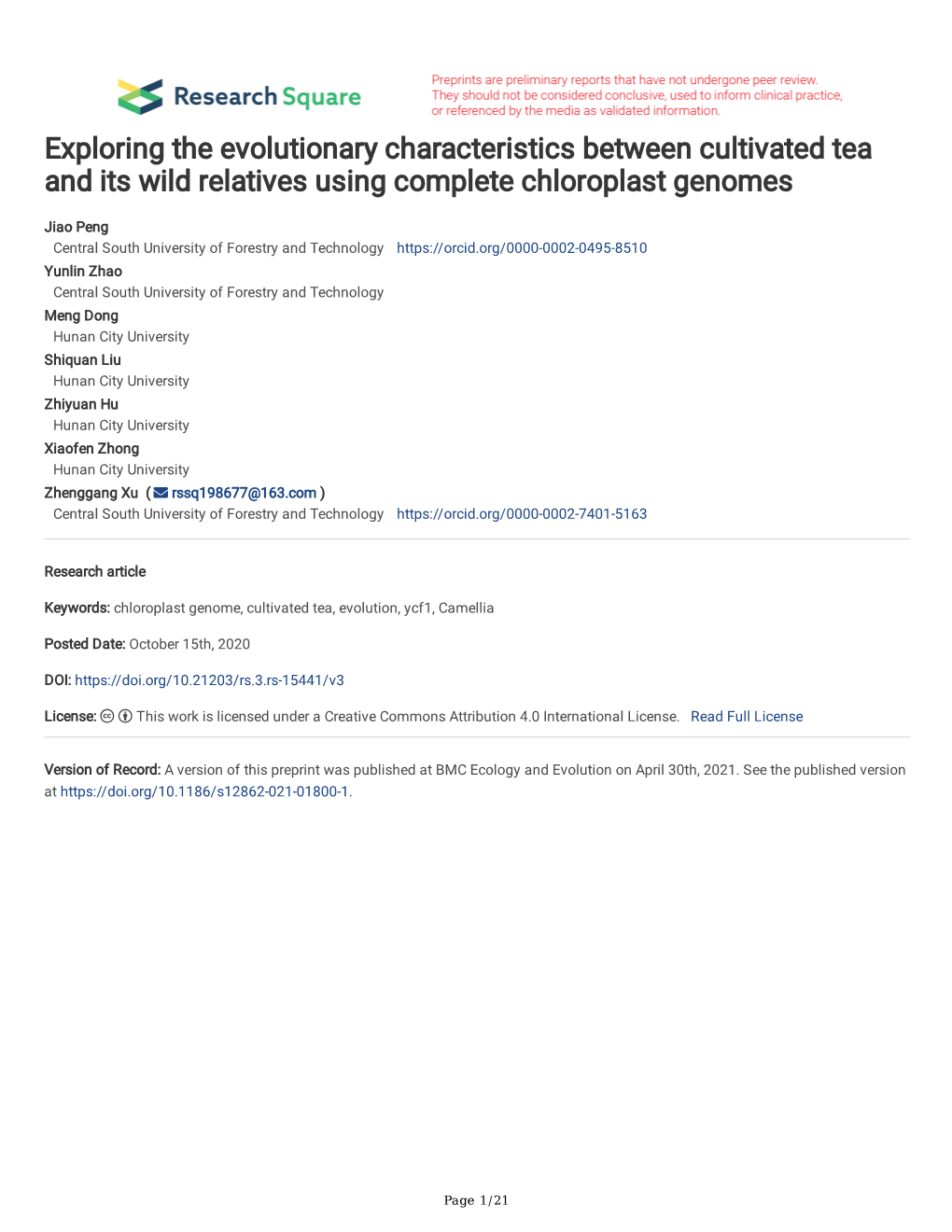 Exploring the Evolutionary Characteristics Between Cultivated Tea and Its Wild Relatives Using Complete Chloroplast Genomes