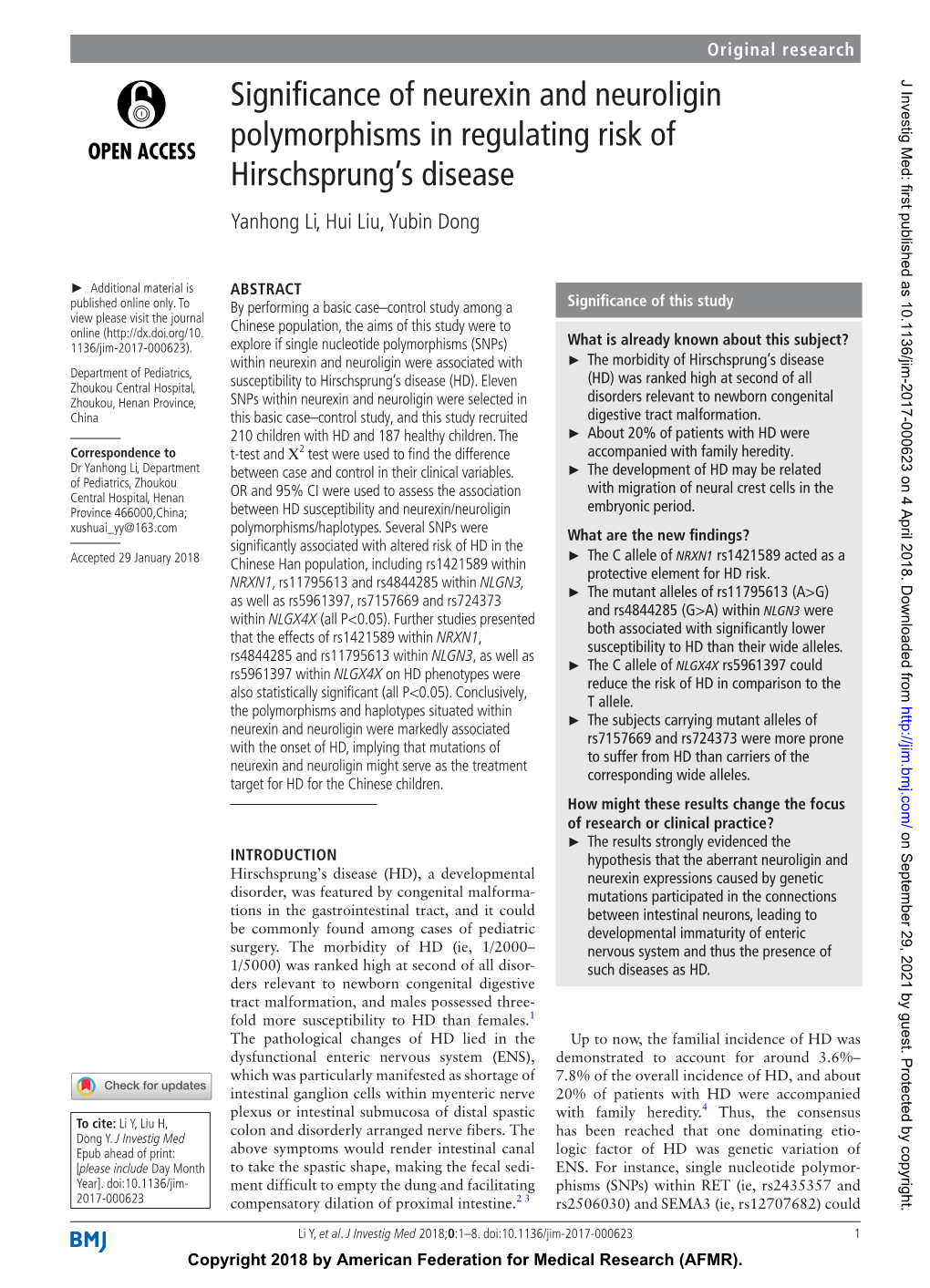 Significance of Neurexin and Neuroligin Polymorphisms in Regulating Risk of Hirschsprung’S Disease Yanhong Li, Hui Liu, Yubin Dong