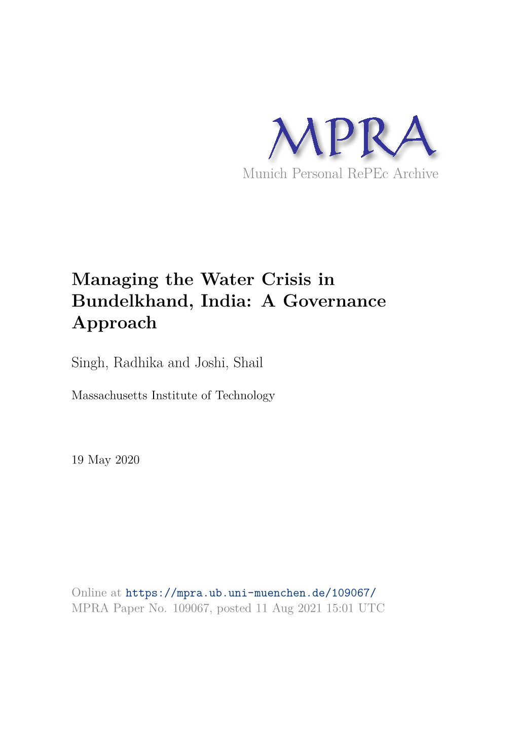 Managing the Water Crisis in Bundelkhand, India: a Governance Approach