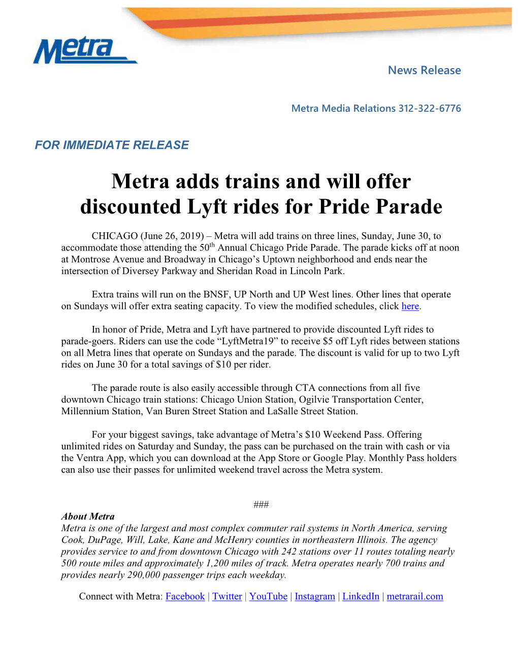 Metra Adds Trains and Will Offer Discounted Lyft Rides for Pride Parade