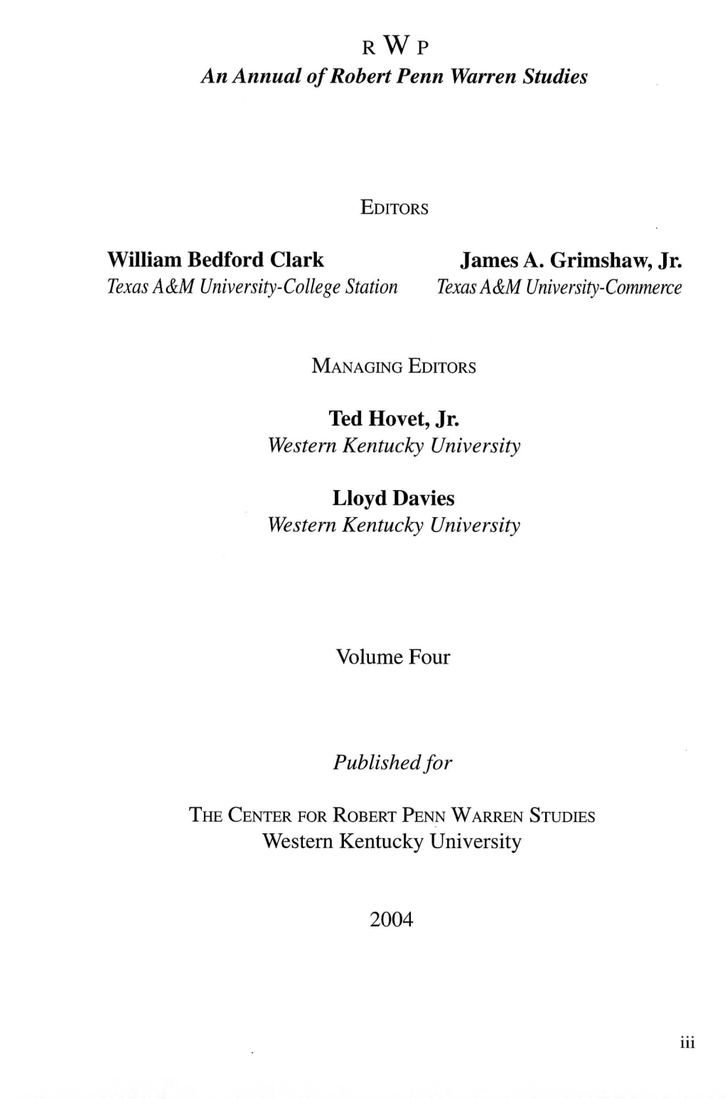 RWP an Annual of Robert Penn Warren Studies EDITORS William