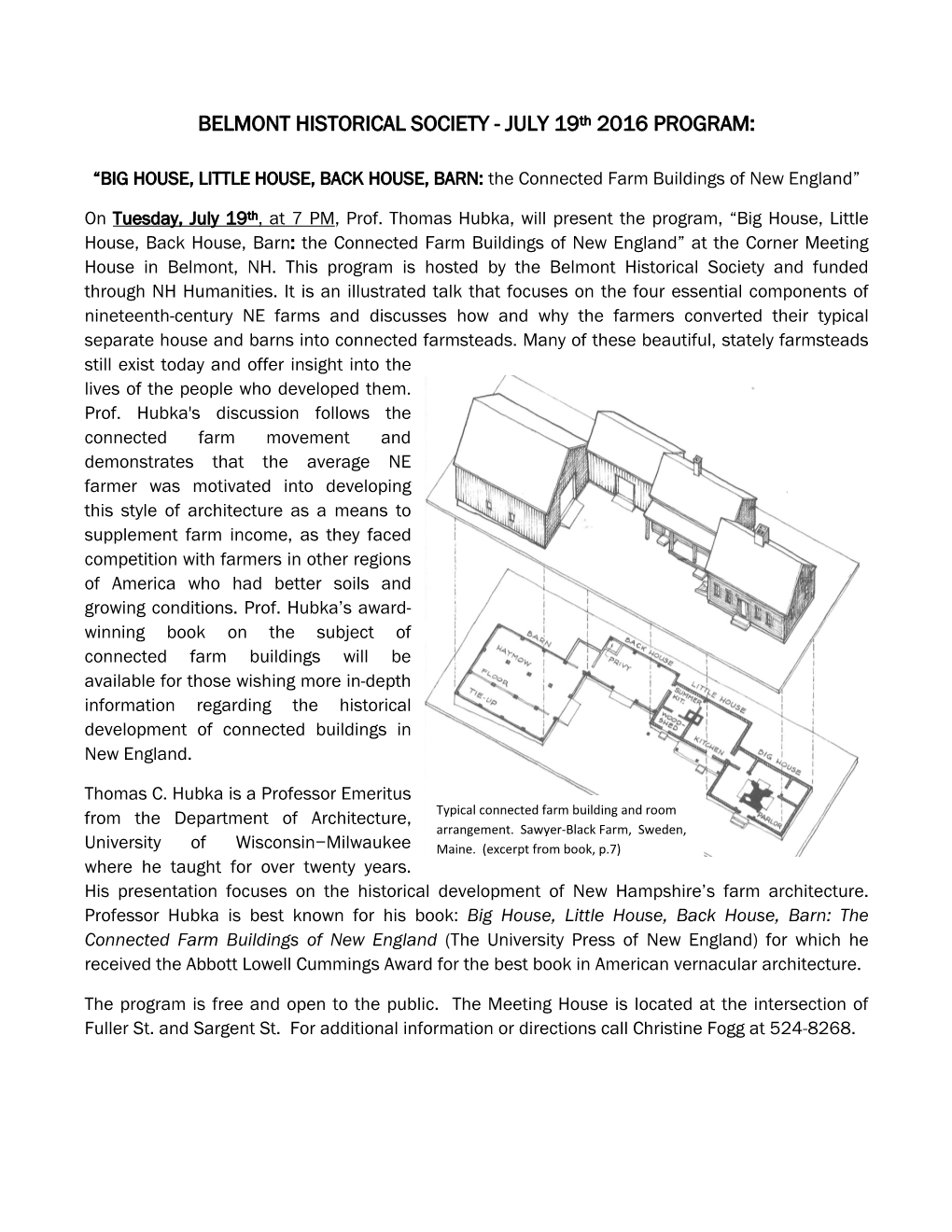 BELMONT HISTORICAL SOCIETY - JULY 19Th 2016 PROGRAM