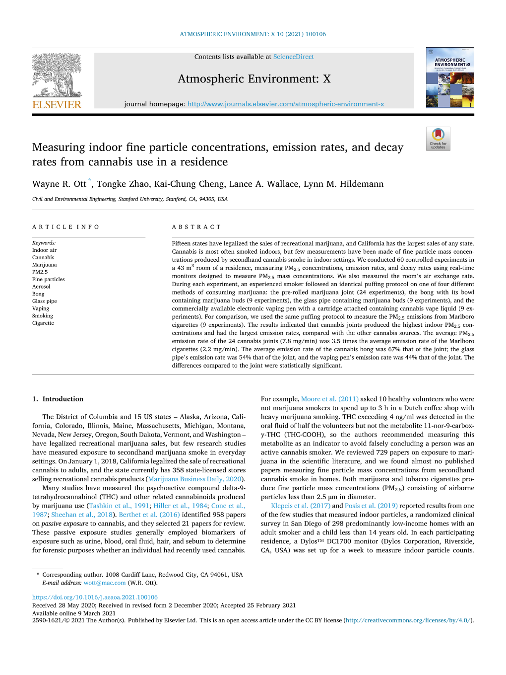 Measuring Indoor Fine Particle Concentrations, Emission Rates, and Decay Rates from Cannabis Use in a Residence