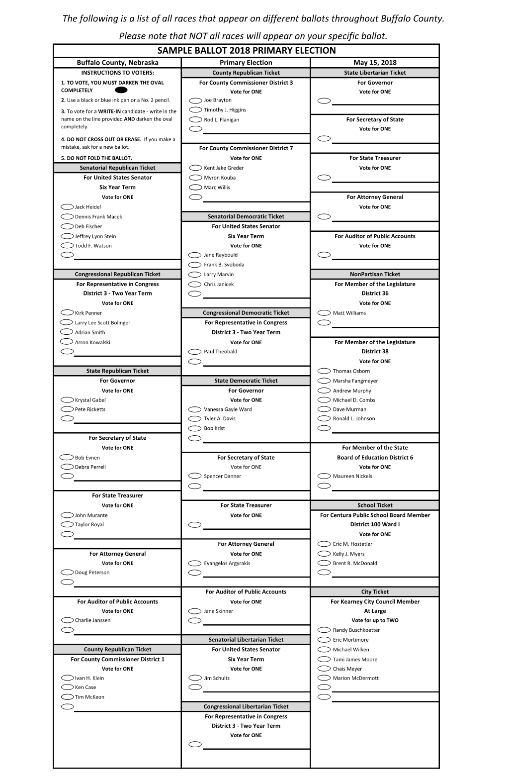 SAMPLE BALLOT 2018 PRIMARY ELECTION Buffalo County, Nebraska Primary Election May 15, 2018 INSTRUCTIONS to VOTERS: County Republican Ticket State Libertarian Ticket 1