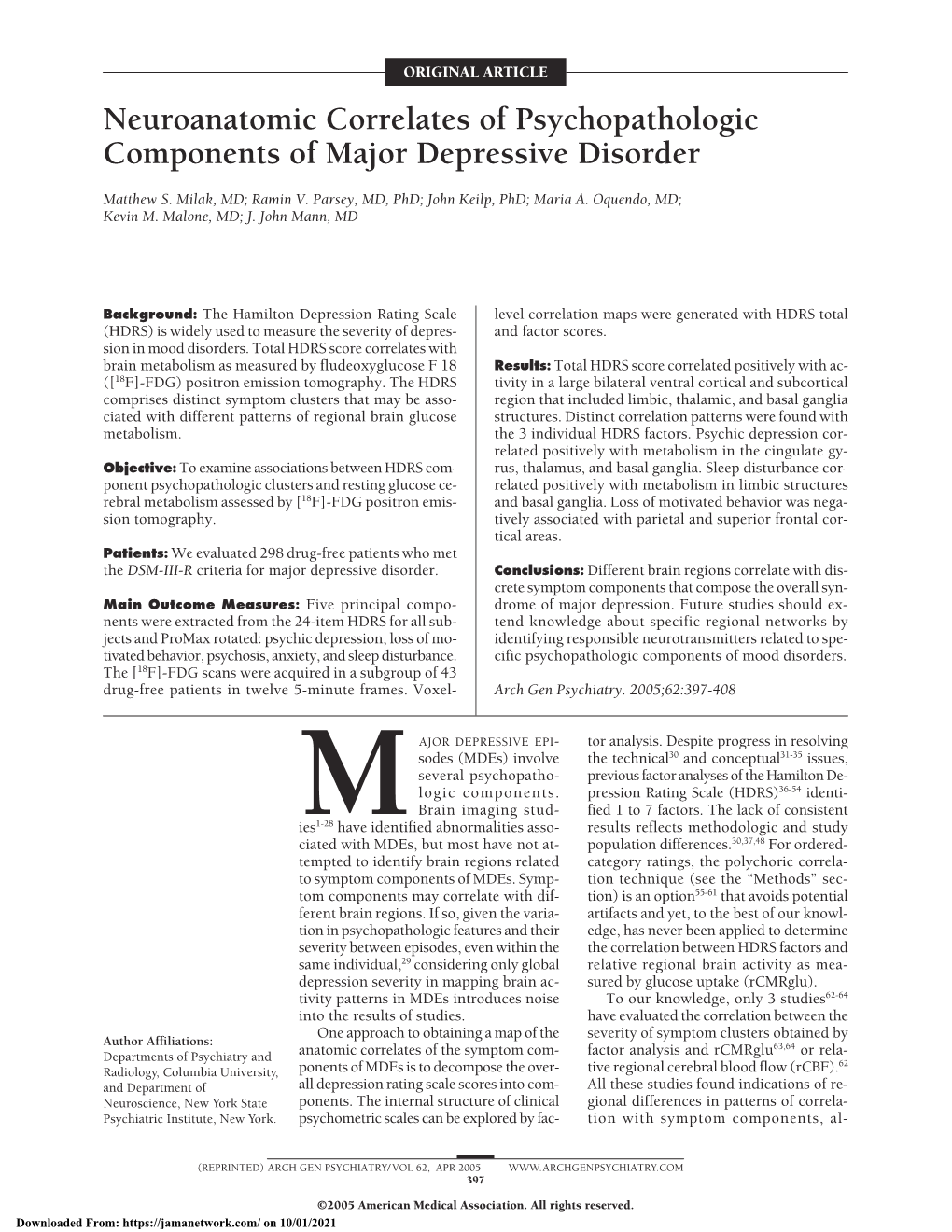 Neuroanatomic Correlates of Psychopathologic Components of Major Depressive Disorder