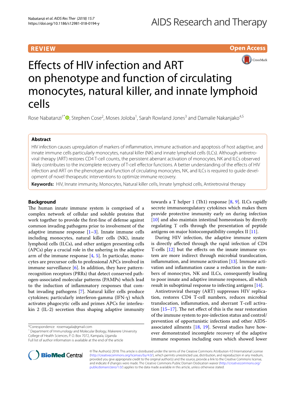 Effects of HIV Infection and ART on Phenotype and Function Of