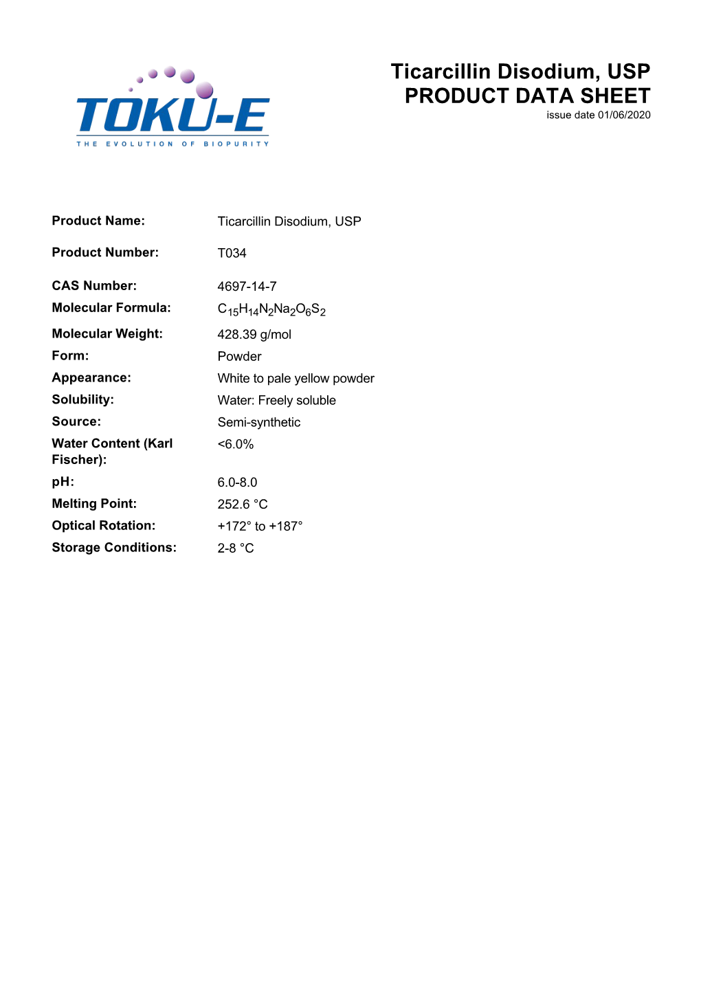 Ticarcillin Disodium, USP PRODUCT DATA SHEET Issue Date 01/06/2020